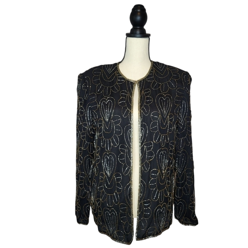 J.M.C. Jacket Beaded Vintage Evening Silk Black Gold And Ailvwr Beading Size M